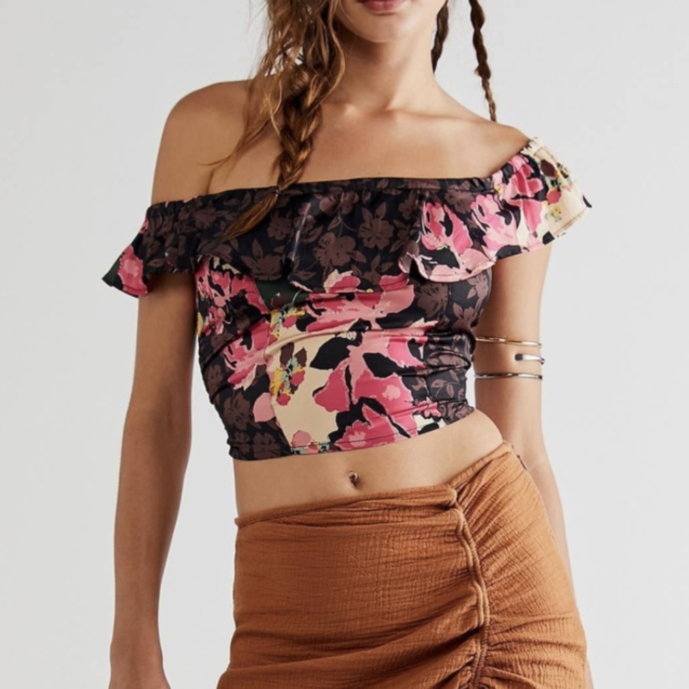 Free People Mimi Off The Shoulder Floral Smocked Ruffled Crop Top Size Medium